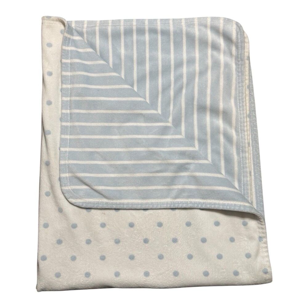 Pottery Barn Kids Baby Blanket Stripes Polka Dots Blue White 30 x 40